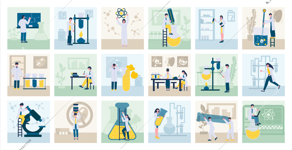 Laboratory set with isolated square compositions of flat test tubes microscopes molecules and furniture with scientists vector illustration