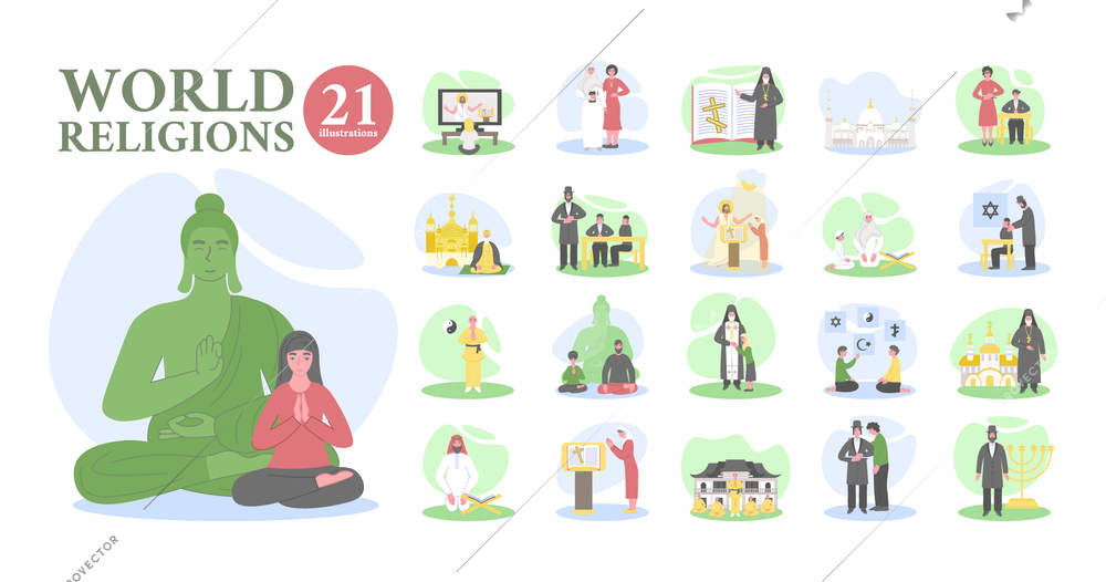 World religions composition set with flat isolated icons of prayers priests and buddha statue with text vector illustration