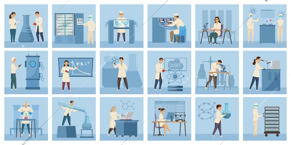 Laboratory set of eighteen square compositions with flat human characters of scientists performing tests with equipment vector illustration