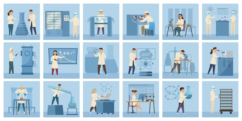 Laboratory set of eighteen square compositions with flat human characters of scientists performing tests with equipment vector illustration