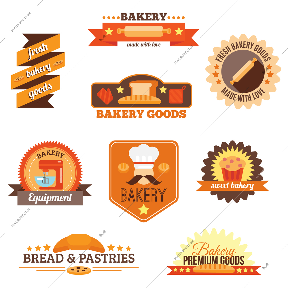 Bakery fresh goods bread pastries and equipment label set isolated vector illustration