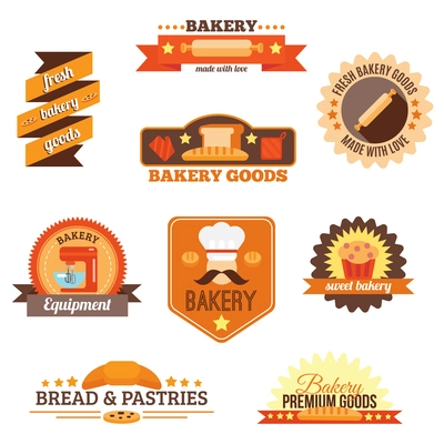 Bakery fresh goods bread pastries and equipment label set isolated vector illustration