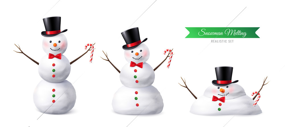 Realistic set of snowman wearing black hat in three stages of melting vector illustration