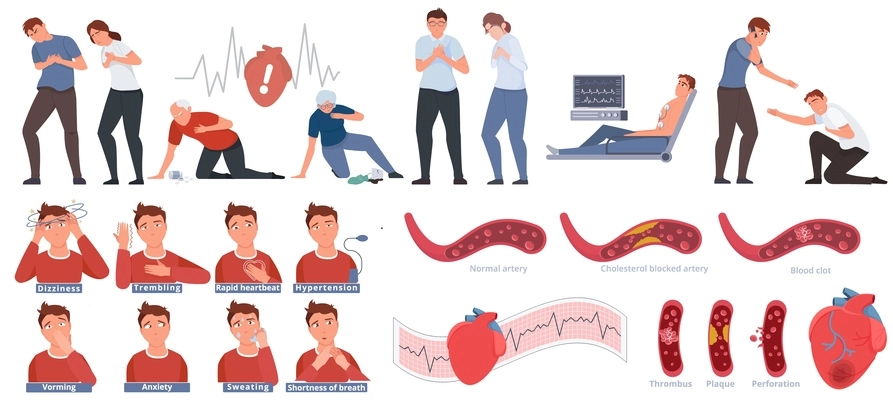 Cardiovascular diseases treatment set with heart symbols flat isolated vector illustration