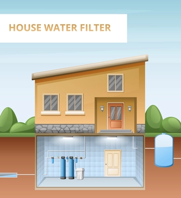 Cartoon water purification poster with filtration system in house basement vector illustration