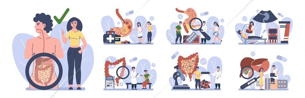 Stomach treatment set with flat isolated compositions of human characters pictograms and symbols of medical aid vector illustration