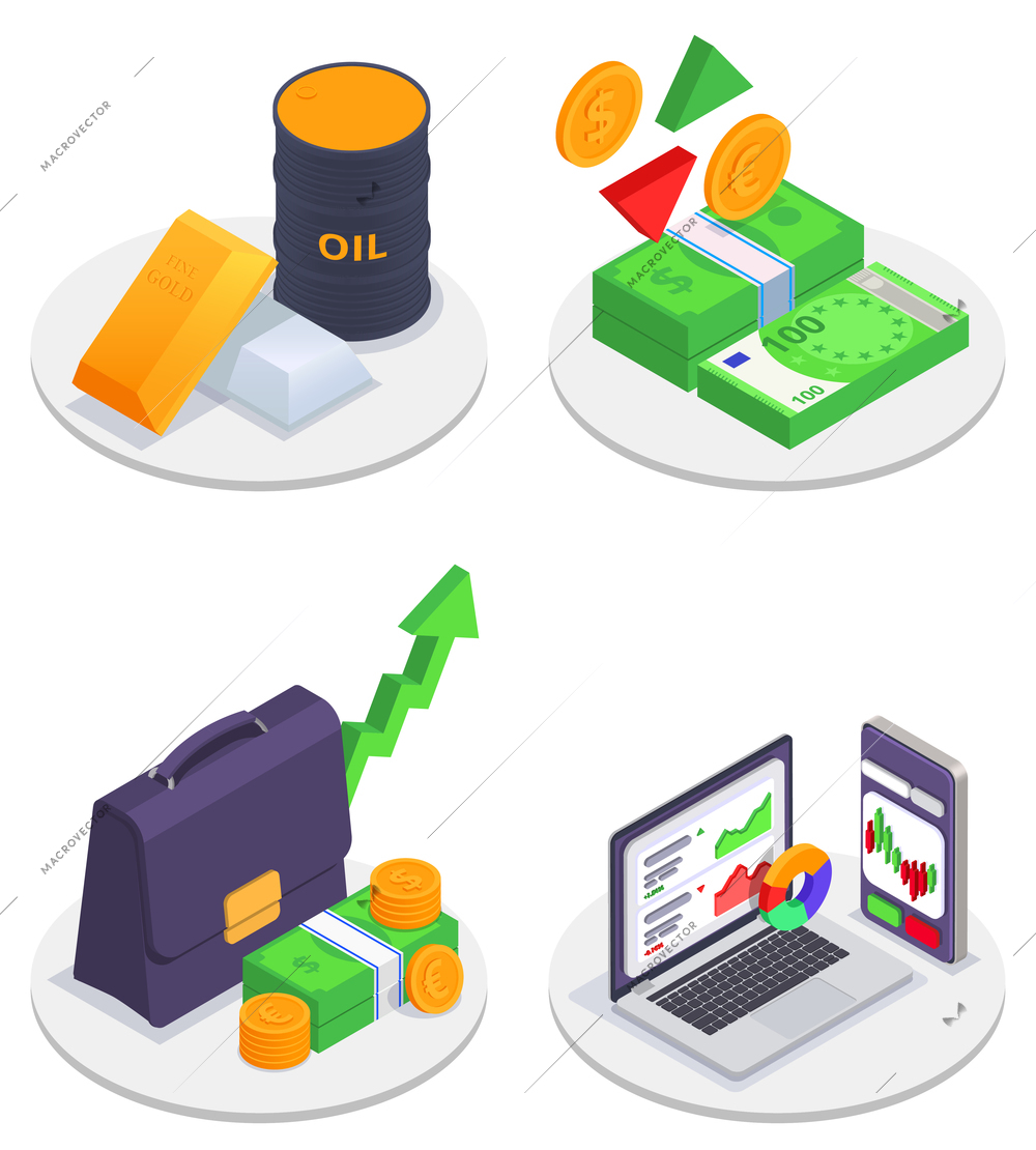 Stock exchange financial market trading colored and isometric icon set gold ingots and barrels of gold oil banknotes and coins briefcase and graphs on laptop screen on round white pedestals vector illustration