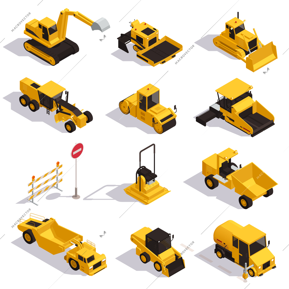 Road construction isometric set of isolated icons with images of yellow colored road machinery with barriers vector illustration