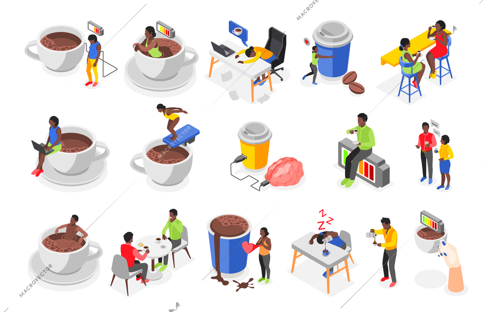 Coffee concept isometric recolor set of people drinking coffee at home at work and in cafe isolated vector illustration