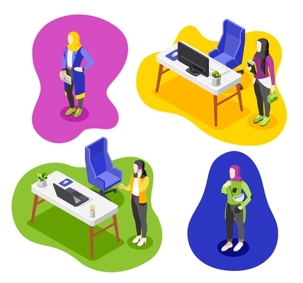 Four isometric colored compositions with business woman characters in hijab isolated abstract vector illustration