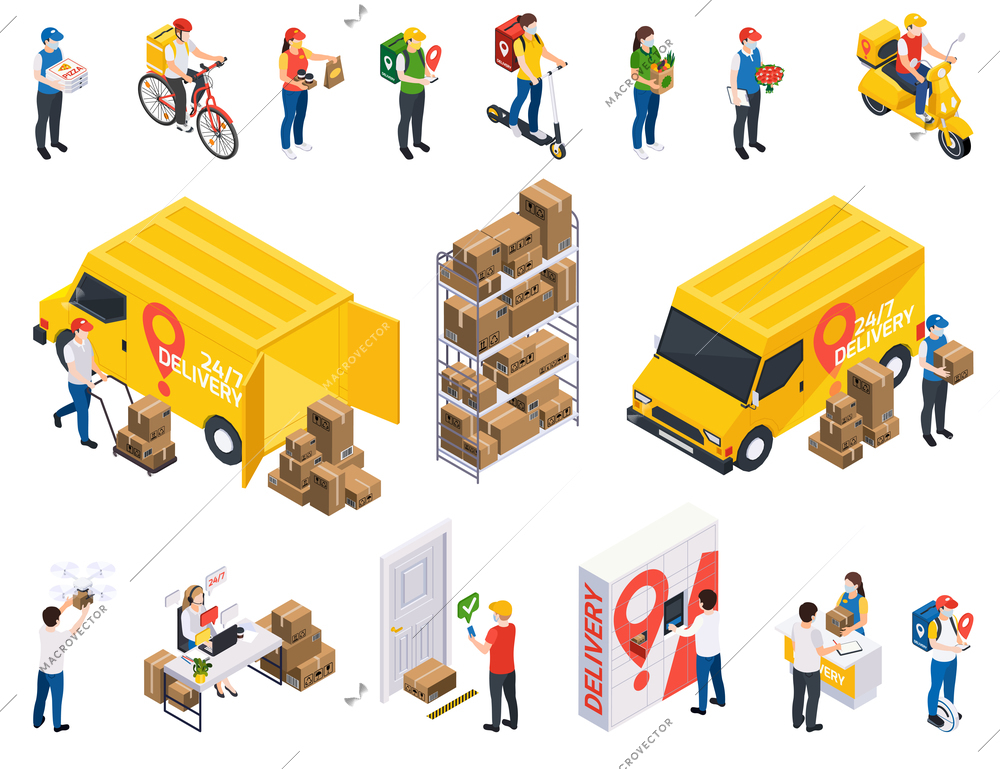 Delivery service isometric set of isolated icons characters of couriers workers clients and vans with parcels vector illustration