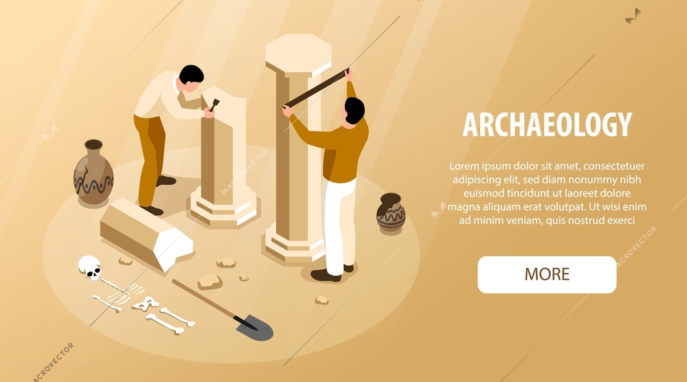Archaeology isometric horizontal banner with vase and tomb symbols vector illustration