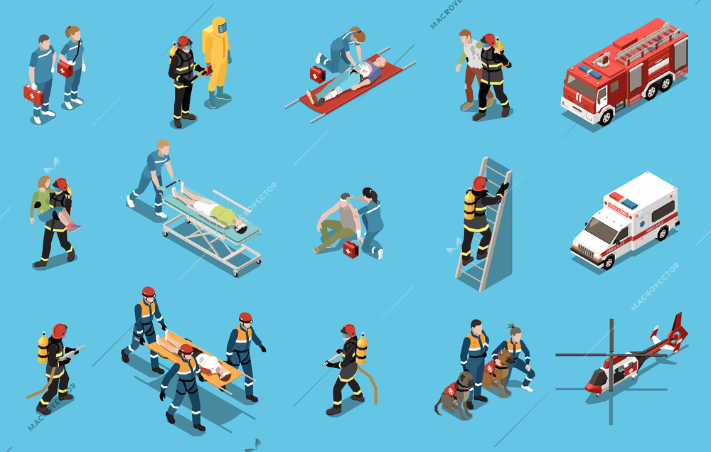 Emergency isometric set of  paramedics  firefighters rescuers providing first aid to drowning people or victims after traffic accident or fire vector illustration