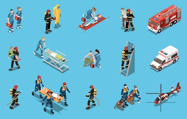 Emergency isometric set of  paramedics  firefighters rescuers providing first aid to drowning people or victims after traffic accident or fire vector illustration