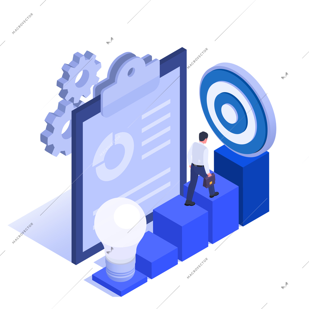 Business intelligence target group planning events collaborating moving from idea to goal isometric symbolic composition vector illustration