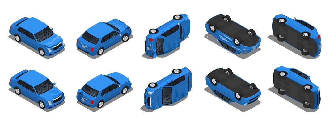 Most common road traffic accidents isometric set with car angled upside down flipped onto side vector illustration