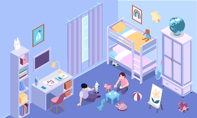 Isometric children room interior with bunk bed wardrobe desk lots of toys and two kids playing 3d vector illustration