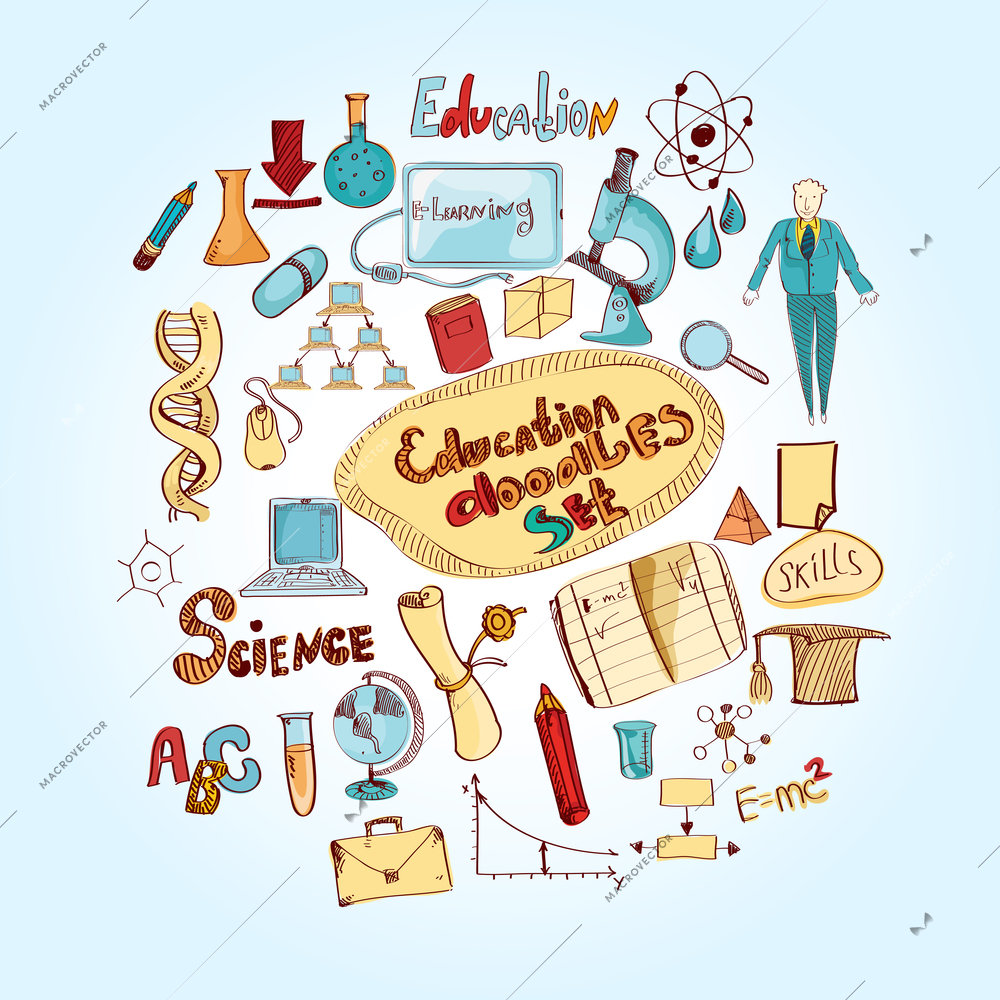 Education doodle colored set with science graduation diploma university and school college knowledge vector illustration