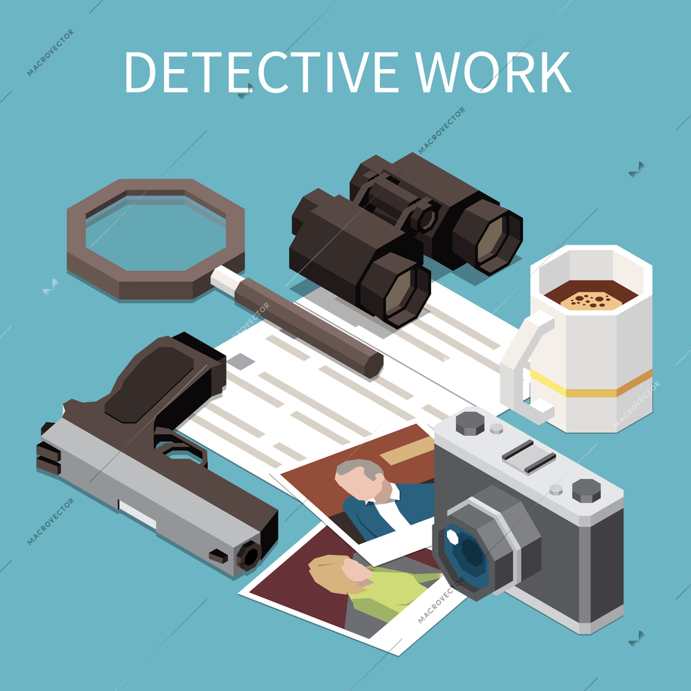 Isometric detective special agent or spy work composition with 3d camera binoculars handgun photos magnifier vector illustration