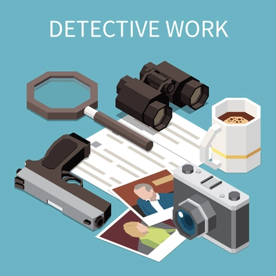 Isometric detective special agent or spy work composition with 3d camera binoculars handgun photos magnifier vector illustration