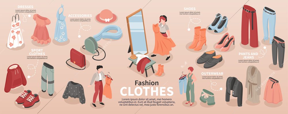 Fashion clothes isometric infographics with dresses pants shoes accessories outwear and female human characters 3d vector illustration