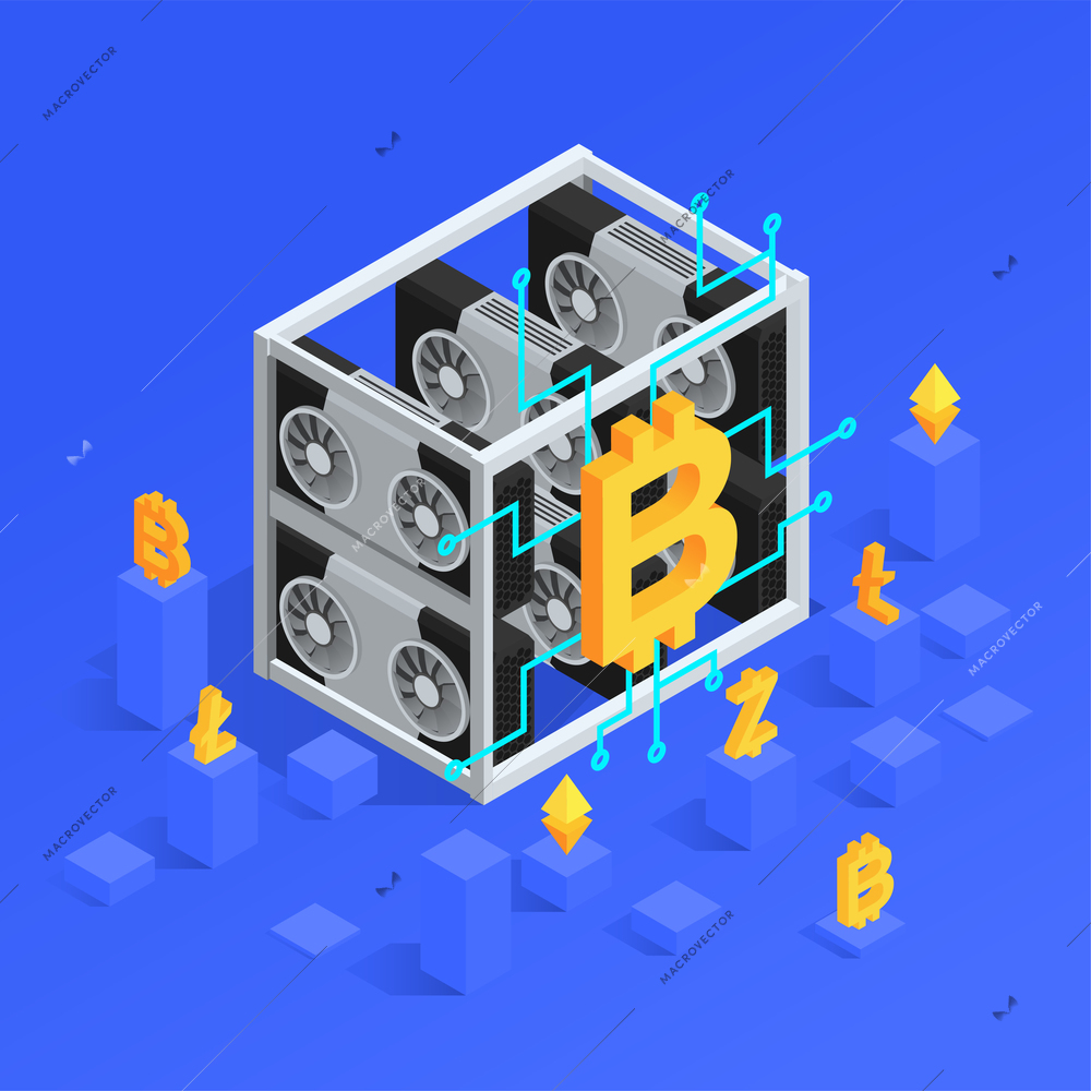 Cryptocurrency mining farm isometric concept on blue background 3d vector illustration