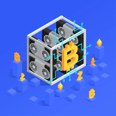 Cryptocurrency mining farm isometric concept on blue background 3d vector illustration