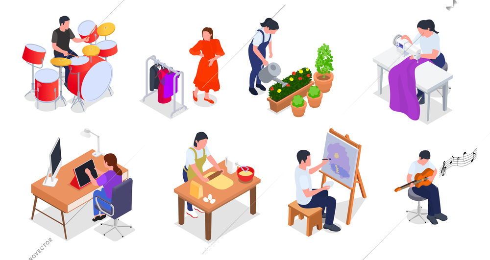 Hobby set with men and women sewing playing guitar working on tablet playing drums painting cooking watering flowers isometric isolated 3d vector illustration