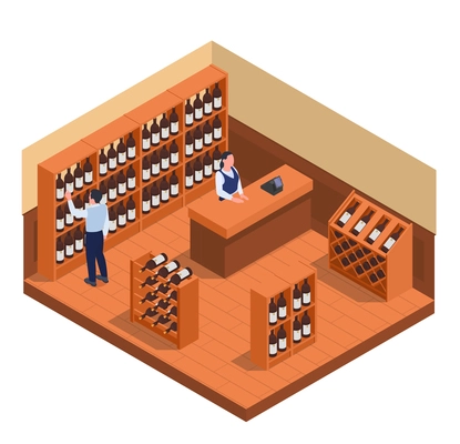 Wine market interior with wooden shelves seller and customer choosing bottle isometric composition 3d vector illustration