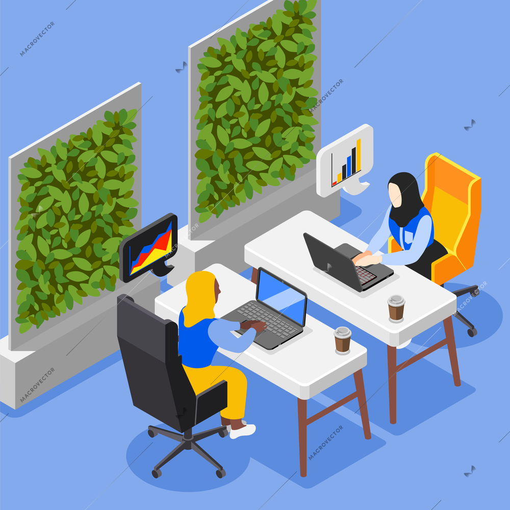 Business lady isometric composition with indoor office scenery and characters of working women with thought bubbles vector illustration