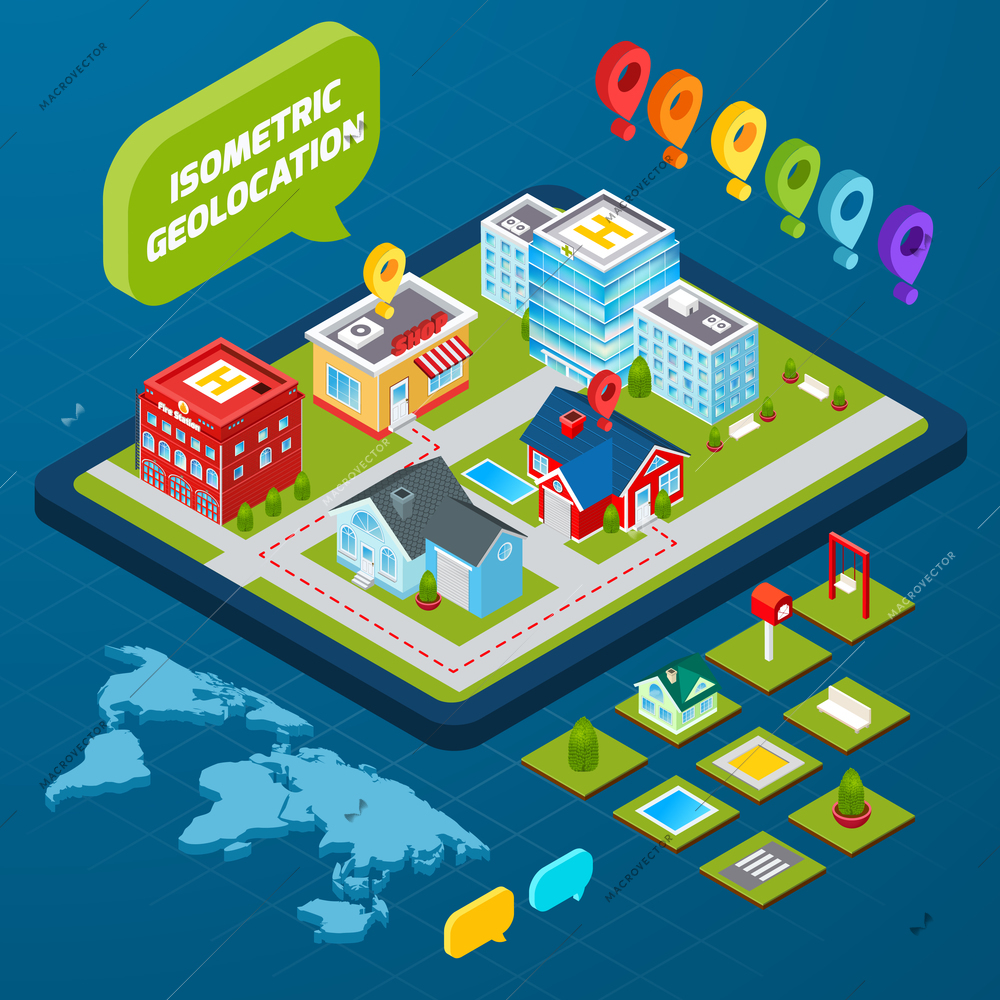 Isometric geolocation concept with town houses private and office buildings and gps icons 3d vector illustration