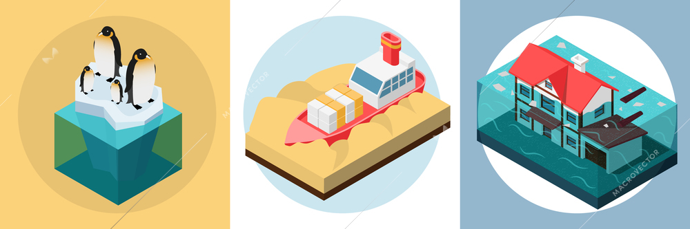 Global warming set of three isolated round compositions with isometric images of sunken house boat penguins vector illustration