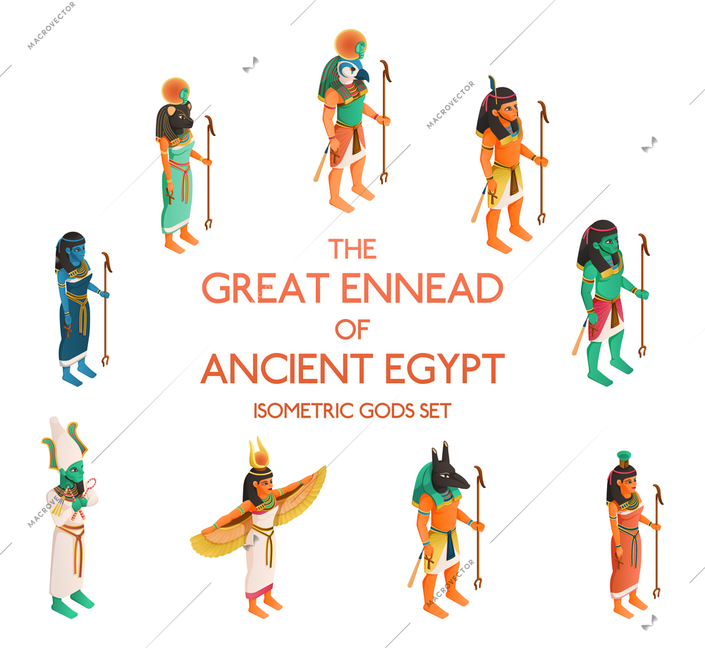 Great ennead of ancient egypt including including ra bastet isis osiris set ptah maat isolated vector illustration