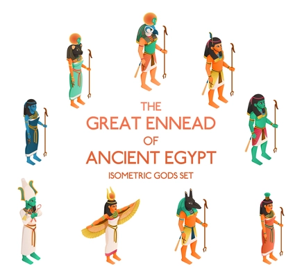 Great ennead of ancient egypt including including ra bastet isis osiris set ptah maat isolated vector illustration