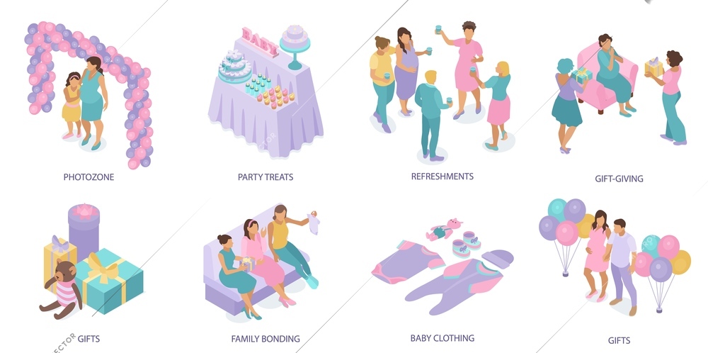 Isometric baby shower party compositions with text captions and images of treats gifts pregnant woman friends vector illustration