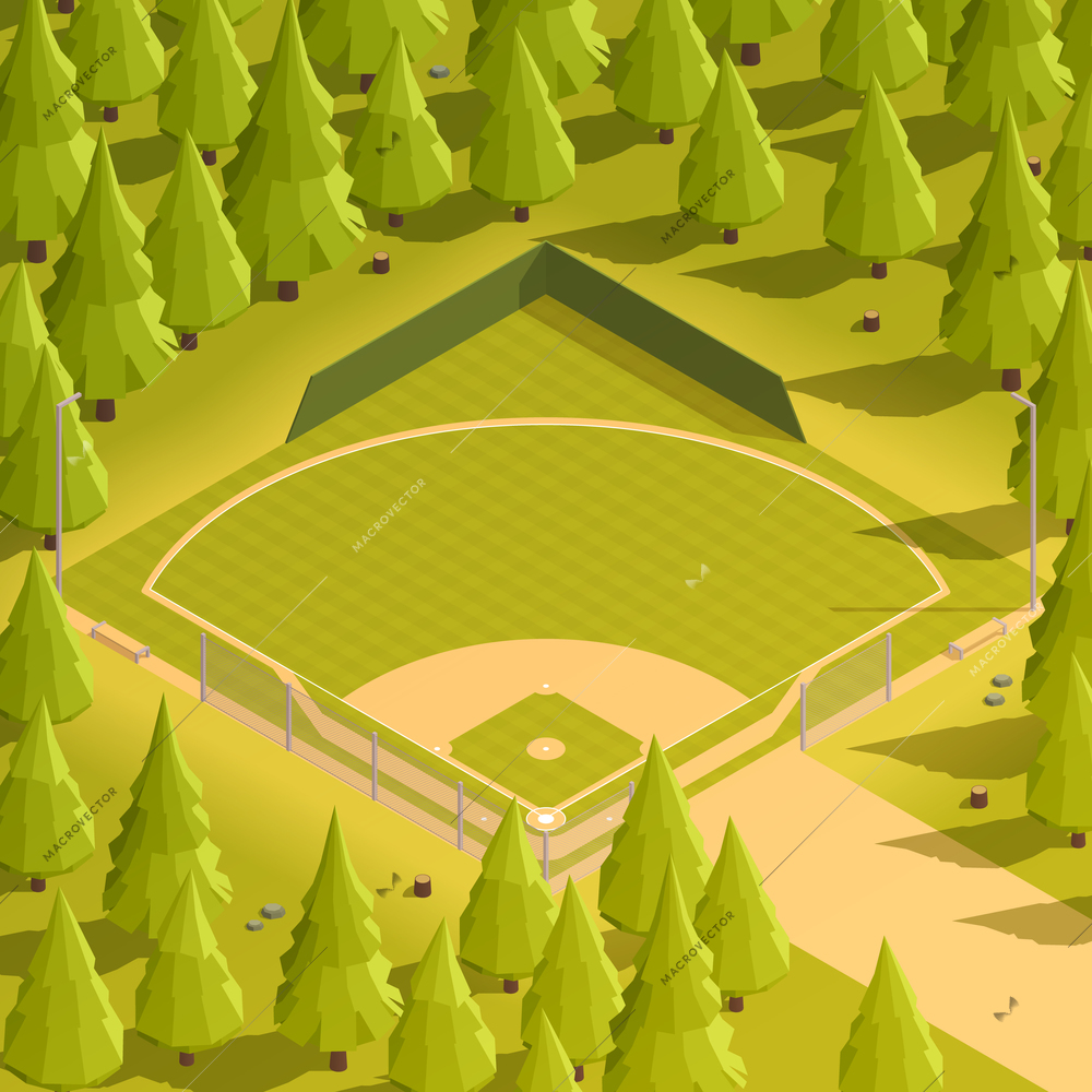 Colored baseball isometric composition an empty green square field among 3d trees vector illustration