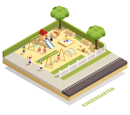 Kindergarten isometric composition with children play active games on the playground outside vector illustration