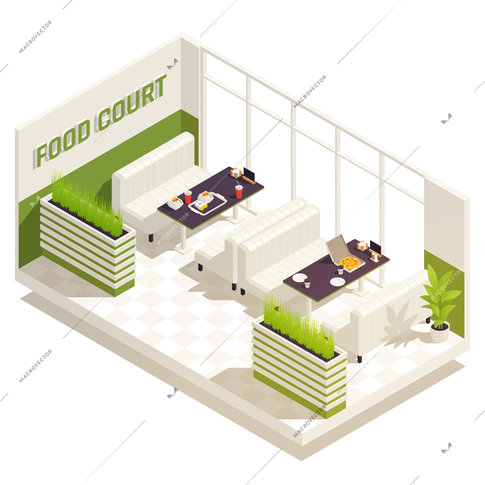 Food court isometric composition part of the room with tables and sofas for visitors and nice interior around vector illustration