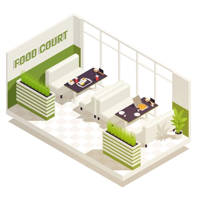 Food court isometric composition part of the room with tables and sofas for visitors and nice interior around vector illustration