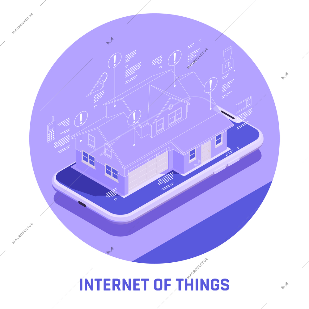Round IOT isometric colored composition with 3d model of house on a tablet screen vector illustration
