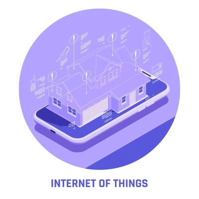 Round IOT isometric colored composition with 3d model of house on a tablet screen vector illustration