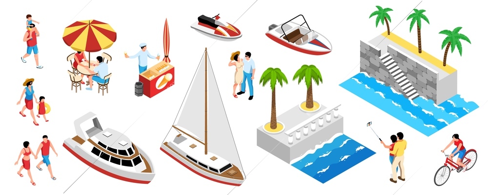 Isometric vacation sea ship promenade set of isolated boat icons human characters embankment walk and palms vector illustration