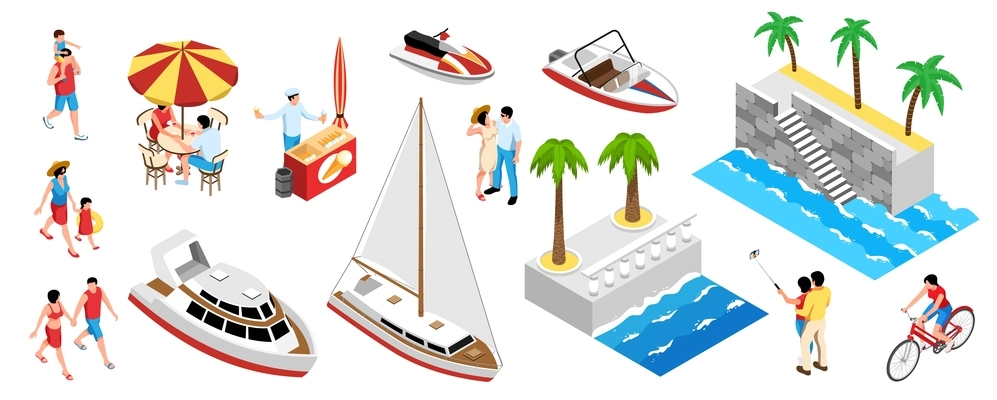 Isometric vacation sea ship promenade set of isolated boat icons human characters embankment walk and palms vector illustration