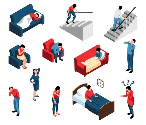 Isometric post covid syndrome set with isolated human characters suffering from various symptoms after coronavirus disease vector illustration