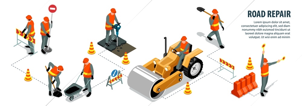 Isometric road repair infographics with editable text and characters of workers with machinery tools and cones vector illustration