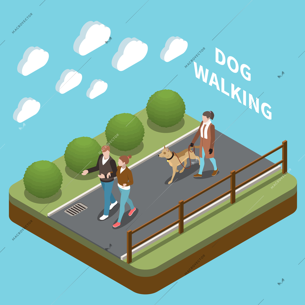 Dog walker isometric concept with dog walking in park symbols vector illustration