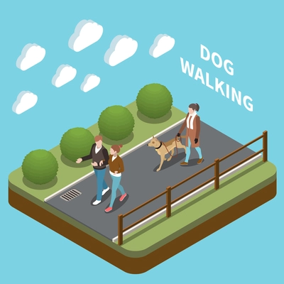 Dog walker isometric concept with dog walking in park symbols vector illustration