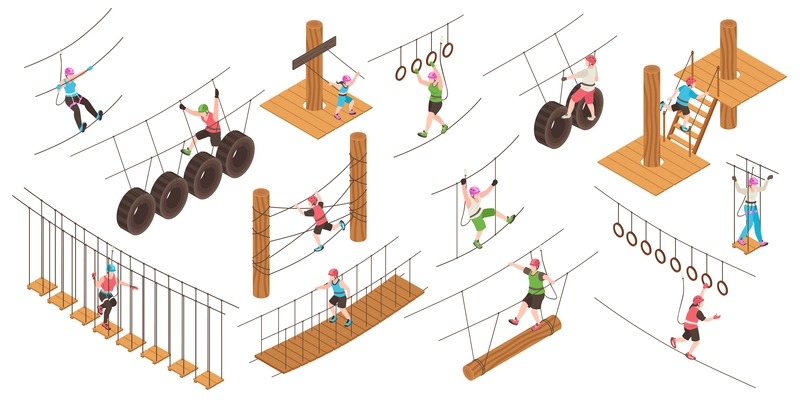 Rope park isometric color set of sport objects designed for training in town parks isolated vector illustration