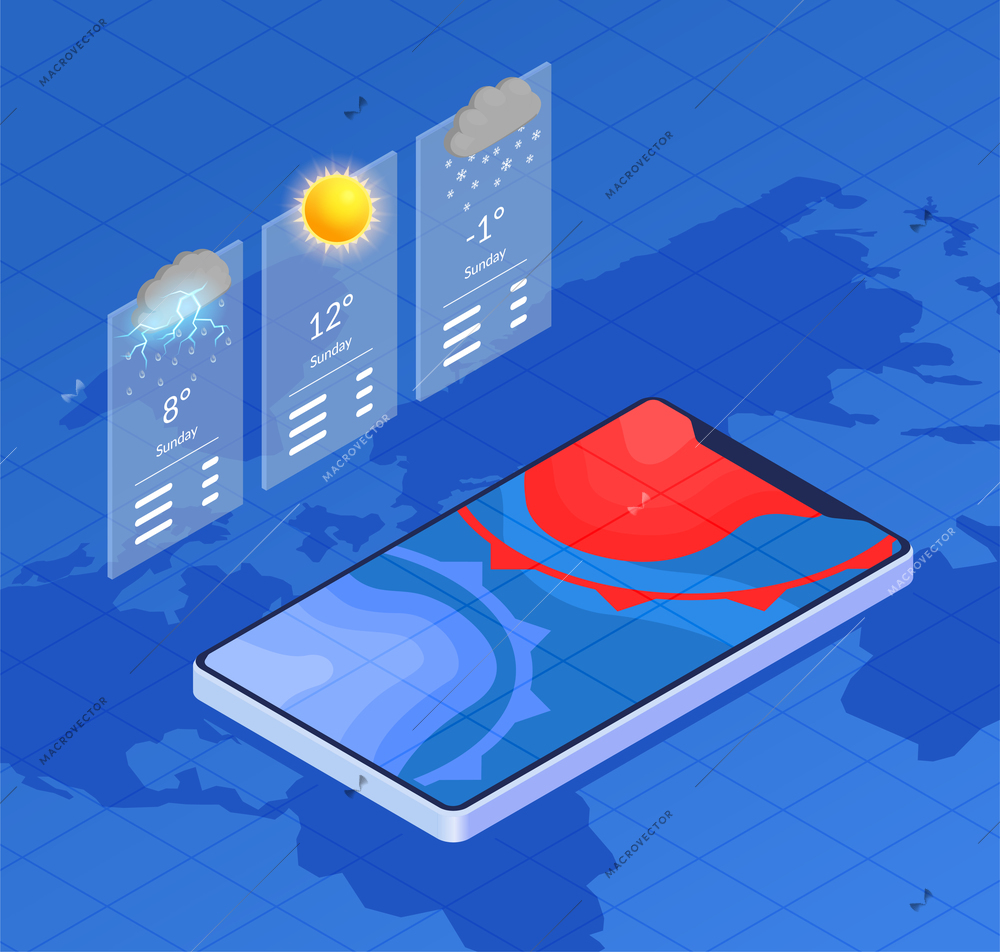 Isometric composition with online weather forecast news report 3d elements on blue background with world map vector illustration