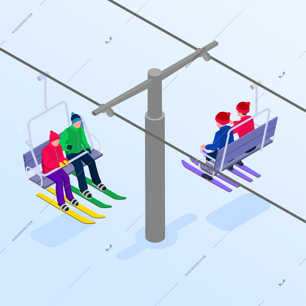 People on ski lift in winter on mountain resort 3d isometric vector illustration